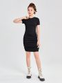 SHEIN Teen Girls' Slim Fit Knit Ribbed Ruched Dress With Round Neckline