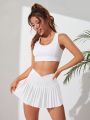 Tennis Casual Solid Color V-Waist Pleated Athletic Midi Skirt