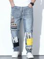 Men Plus Geo Print Cat Whisker Straight Leg Jeans