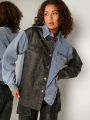 LARAMEE Mixed Media PU Leather Denim Jacket