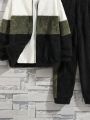 SHEIN Kids EVRYDAY Boys' Casual Hooded Zip-up Plush Jacket And Color Block Pants Outfit Set, Winter