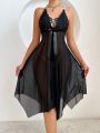 1pc Bow Decor Lace Panel High Slit Mesh Cami Nightgown
