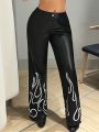 SHEIN ICON Flame Print Pu Leather Pants