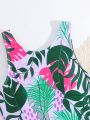 Tween Girl's One Piece Swimsuit With Tropical Plant Print