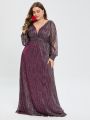 Plus Plunging Neck Lantern Sleeve Glitter Formal Dress