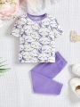 SHEIN Baby Girls' Cute Cartoon Rabbit Pattern Short Sleeve Top And Solid Color Skinny Pants Pajama Set