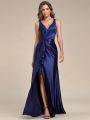 EVER-PRETTY Ruffle Trim Split Thigh Satin Maxi Dress