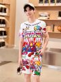 2pcs/Set Street-Style Teen Boy Casual Outfit With Letter & Cartoon Character Print T-Shirt And Shorts