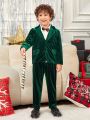 SHEIN Young Boy Single Breasted Velvet Blazer & Pants & Bow Tie Shirt