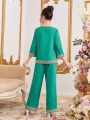 SHEIN Teen Girl Woven Solid Color Patchwork Web Shirt Slant Pocket Trousers Two-Piece Set