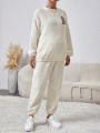 SHEIN Maternity Adjustable Waist Plush Two Piece Set With Letter Pattern