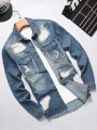 Manfinity Men Ripped Flap Pocket Denim Shirt Without Tee