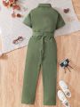 SHEIN Kids EVRYDAY Boys' Short Sleeve Belted Shirt Jumpsuit