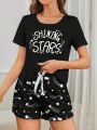 Ladies' Pajamas Set With Text & Star Print