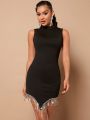 LOVING U Rhinestone Fringe Mock Neck Dress