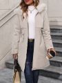 Plus Size Fuzzy Trim Drawstring Waist Warm Lined Hooded Winter Coat