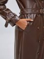CHEYENNE SAHARA Double Breasted Belted PU Leather Trench Coat