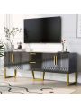 U-Can Modern TV Stand for TVs up to 75 Inches, Storage Cabinet with Drawers and Cabinets, Wood TV Console Table with Metal Legs and Handles for Living room, Black