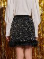 SHEIN Kids KDOMO Tween Girl Fuzzy Trim Sequin Skirt