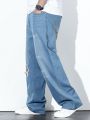 Extended Sizes Men's Plus Size Straight Leg Jeans With Geometric Patchwork Design