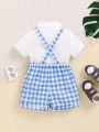 SHEIN Baby Boy'S Gentleman Suit White Short Sleeve Shirt + Bowtie Grid Suspenders Shorts Set