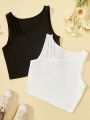 Teenage Girls' Casual Fashion Street Style Asymmetric Neckline Multicolor 2pcs Set Tank Top Blouse For Sports