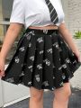 SHEIN Qutie Women's Plus Size Alphabet & Heart Print Pleated Skirt