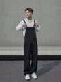 Manfinity Hypemode Loose Men's Solid Color Slant Pocket Denim Overalls Jumpsuit