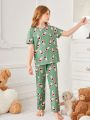 Tween Girls' Cute Avocado Print Short Sleeve Top + Long Pants Home Wear Set, Simple & Comfortable