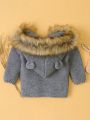 Baby Boy Pocket Front Double Breasted Fuzzy Trim Hooded Cardigan