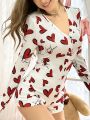 Women's Heart Printed Button Front Romper Pajamas