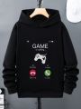 Boys' Gaming Controller & Letter Print Hooded Fleece Sweatshirt, Winter