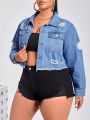 SHEIN Privé Plus Size Ripped Detail Raw Hem Denim Jacket