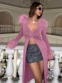 SHEIN ICON Fuzzy Trim Split Hem Cardigan