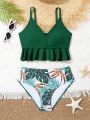 Tween Girls' Swimwear Set With Lace Hem