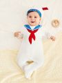 SHEIN Newborn Baby Boys' Sailor Collar Flower Printed Long Sleeve Footed Romper With Hat 2pcs/set