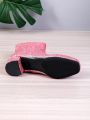 Ladies' Pointed Toe Pink Glitter Side Zipper Chunky Heel Western Style Short Boots, Winter New Arrivals All-match Slimming Fashionable Shoes For Women
