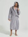 Thickened Coral Fleece Men's Bathrobe With Hooded Design For Autumn And Winter, Warm And Comfortable