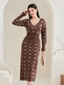 SHEIN Modely Women's Full Printed V-neck Gathered Waist Knitted Dress