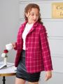 Teen Girl Plaid Print Lapel Neck Overcoat