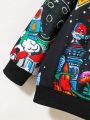 SHEIN Boys' Fun And Cute Comfortable Crewneck Sweatshirt, Alien & Ufo Print All-Over