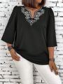 Plus Size Floral Embroidery Patchwork Shirt With Notched Collar