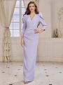 SHEIN Belle Adult Bridesmaid Dress With V-Neck, Leg-Of-Mutton Sleeve And Back Slit