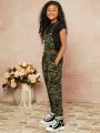 Girls Camo Print Pocket Drawstring Waist Jumpsuit