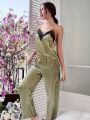 Eyelash Lace Trim Satin Cami Top & Knot Pants PJ Set