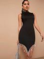 LOVING U Rhinestone Fringe Mock Neck Dress