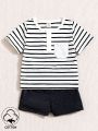 Baby Boys' Casual Striped Patch Pocket T-Shirt And Shorts Comfortable And Versatile Set