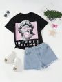 Teen Girls' Vintage Y2k Street Style Cool Sculpture Print Loose Fit, Soft, And Comfortable Black Short Sleeve T-Shirt & Basic Loose Fit, Soft, And Comfortable Water Wash Light Blue Denim Shorts