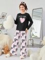 SHEIN Teen Girls' Knitted Heart Slogan Pattern Round Neck T-Shirt And Long Pants Set