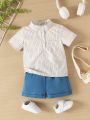 Spring/Summer Newborn Boy Casual Simple Striped & Printed Short Sleeve Shirt And Blue Elastic Waist Shorts Set